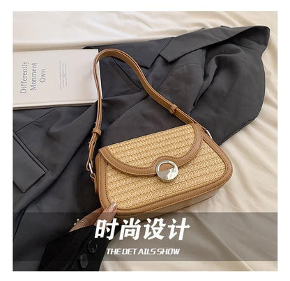 Two Tone Straw Flap Crossbody Bag