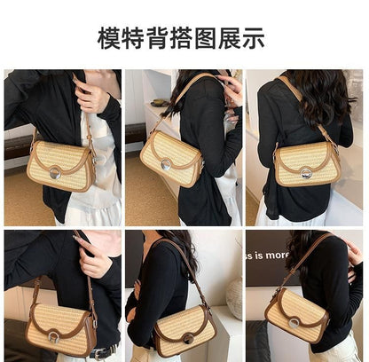 Two Tone Straw Flap Crossbody Bag