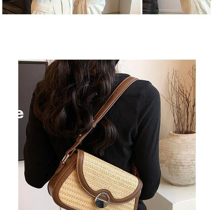 Two Tone Straw Flap Crossbody Bag