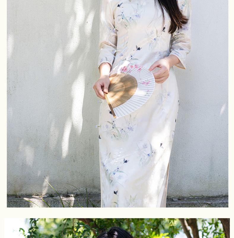 3/4 Sleeve Floral Butterfly Print Midi Sheath Qipao