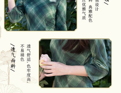 3/4 Sleeve Plaid Midi Sheath Qipao