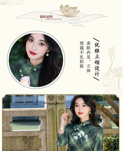 3/4 Sleeve Plaid Midi Sheath Qipao