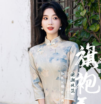 3/4 Sleeve Floral Print Midi Sheath Qipao