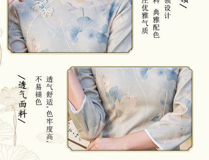 3/4 Sleeve Floral Print Midi Sheath Qipao