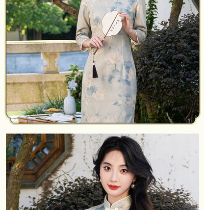 3/4 Sleeve Floral Print Midi Sheath Qipao