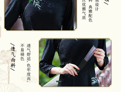 3/4 Sleeve Bamboo Embroidered Midi Sheath Qipao