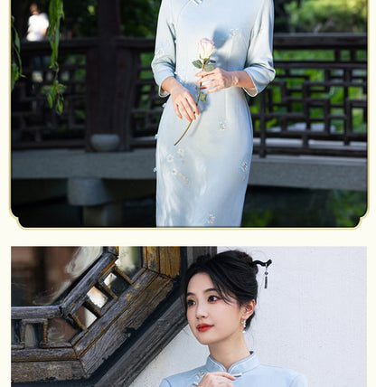 3/4 Sleeve Floral Embroidered Midi Sheath Qipao