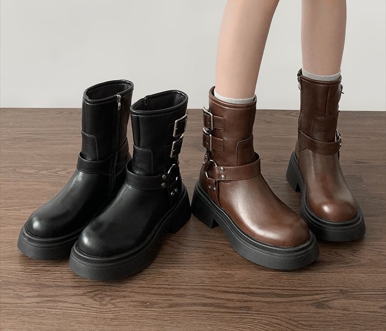 Platform Plain Buckled Short Boots