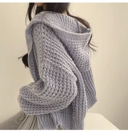 Crochet-Knit Hooded Zipper Cardigan