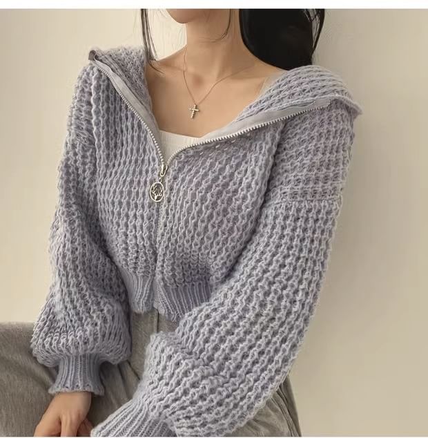 Crochet-Knit Hooded Zipper Cardigan