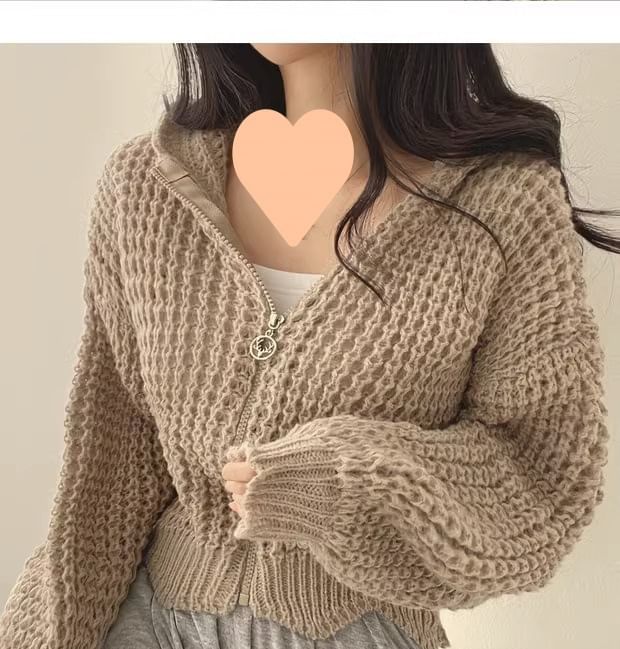 Crochet-Knit Hooded Zipper Cardigan