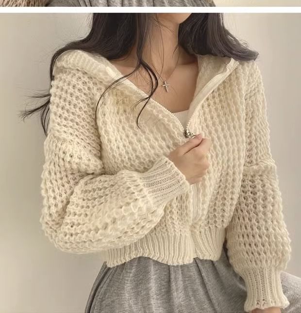 Crochet-Knit Hooded Zipper Cardigan