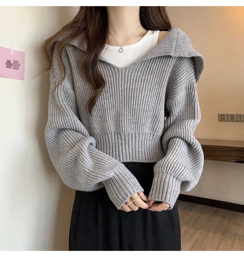 Cropped Sailor-Collar Loose Knit Sweater