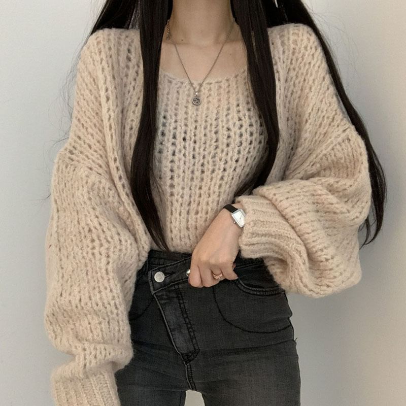 Bubble-Sleeve Crochet-Knit Sweater in 5 Colors