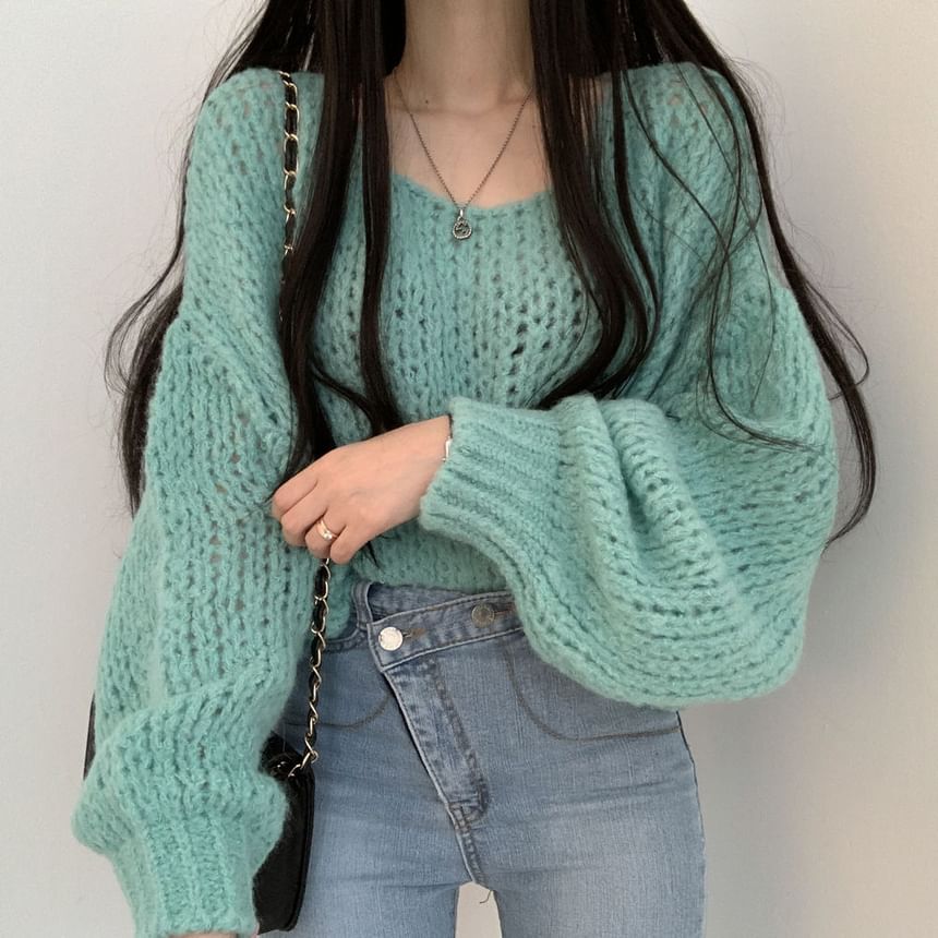 Bubble-Sleeve Crochet-Knit Sweater in 5 Colors