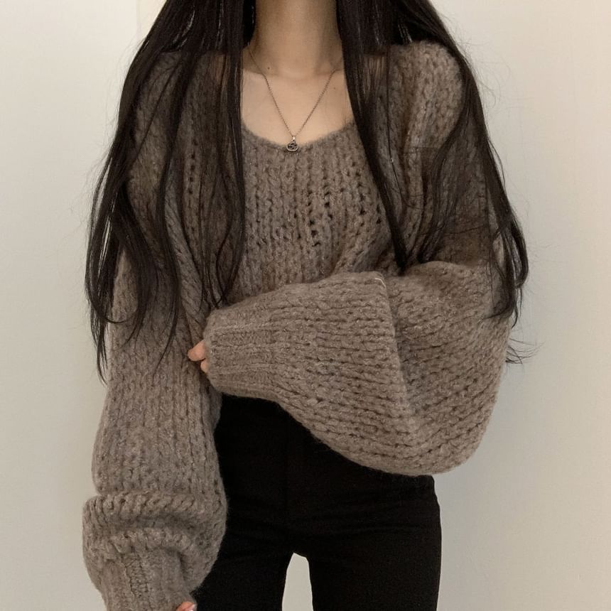 Bubble-Sleeve Crochet-Knit Sweater in 5 Colors