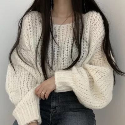 Bubble-Sleeve Crochet-Knit Sweater in 5 Colors