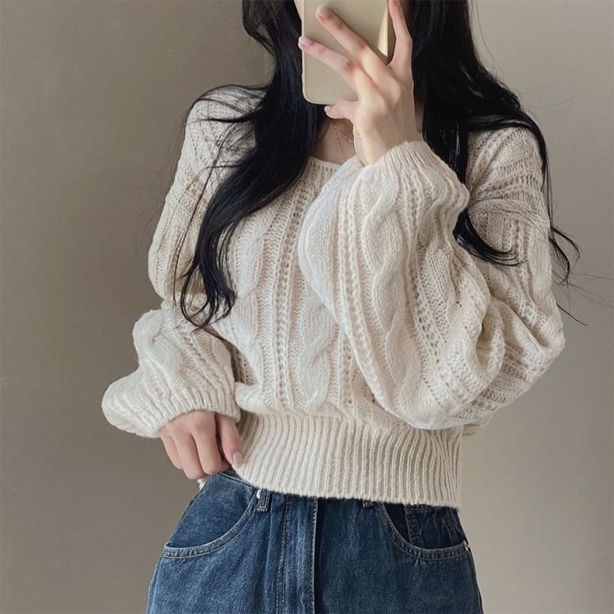 Cable-Knit Bubble-Sleeve Cropped Sweater