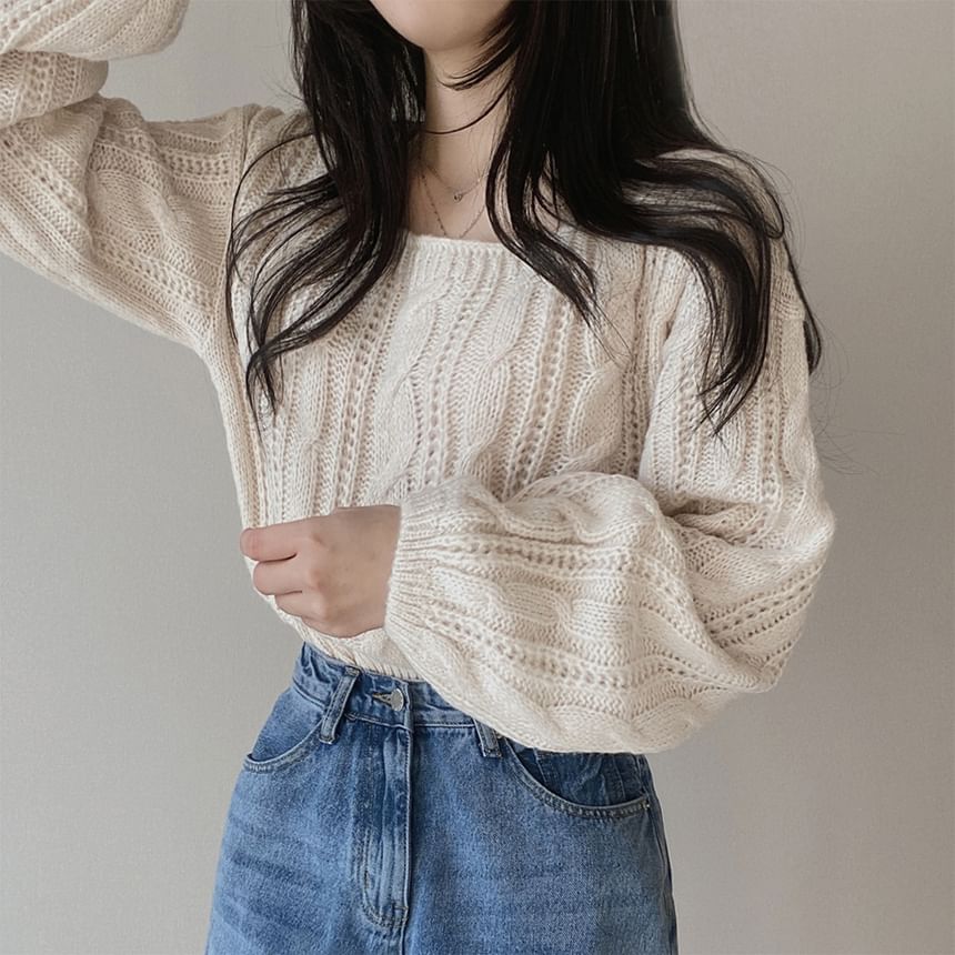 Cable-Knit Bubble-Sleeve Cropped Sweater