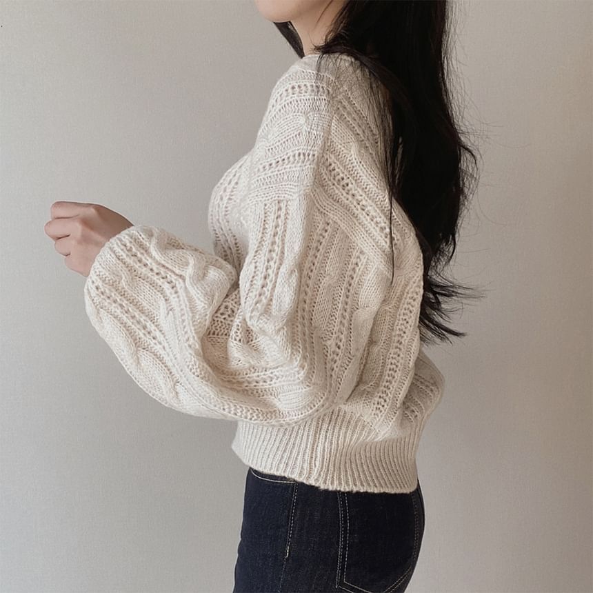 Cable-Knit Bubble-Sleeve Cropped Sweater