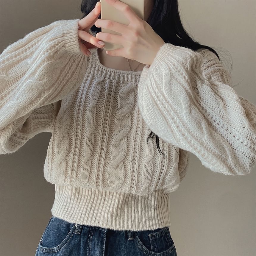 Cable-Knit Bubble-Sleeve Cropped Sweater