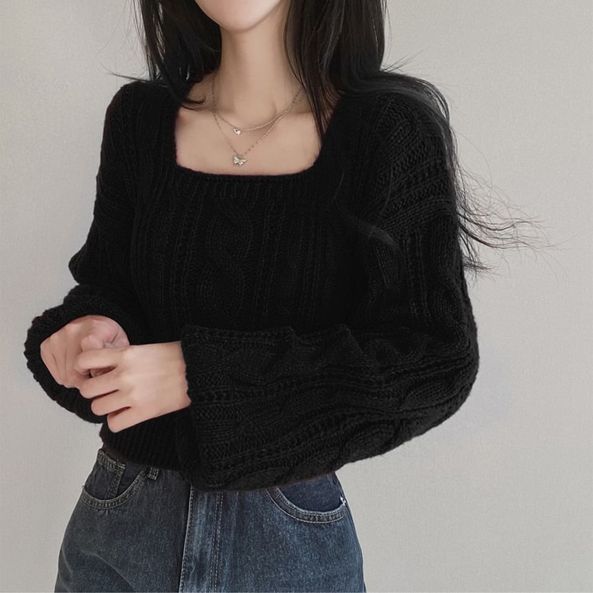 Cable-Knit Bubble-Sleeve Cropped Sweater