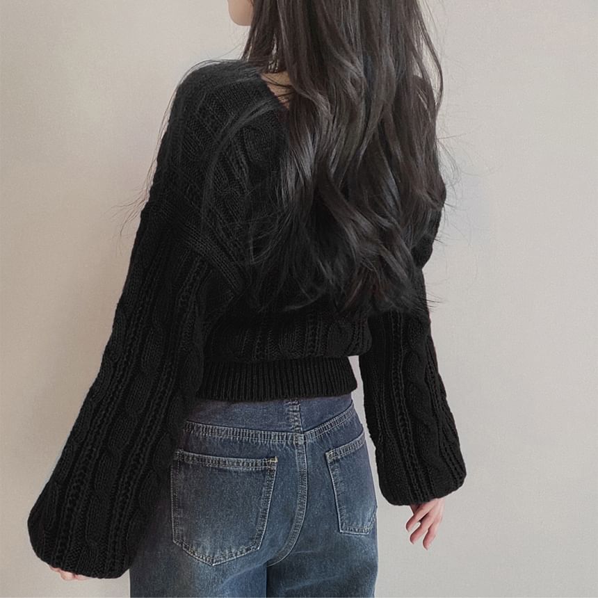 Cable-Knit Bubble-Sleeve Cropped Sweater