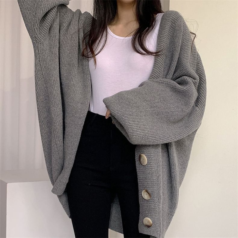 Oversized Bubble-Sleeve V-Neck Cardigan