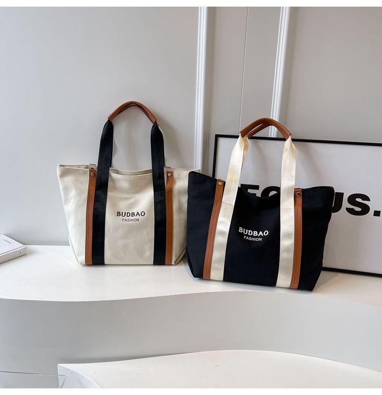 Bag Block Color Canvas Lettering Tote Print