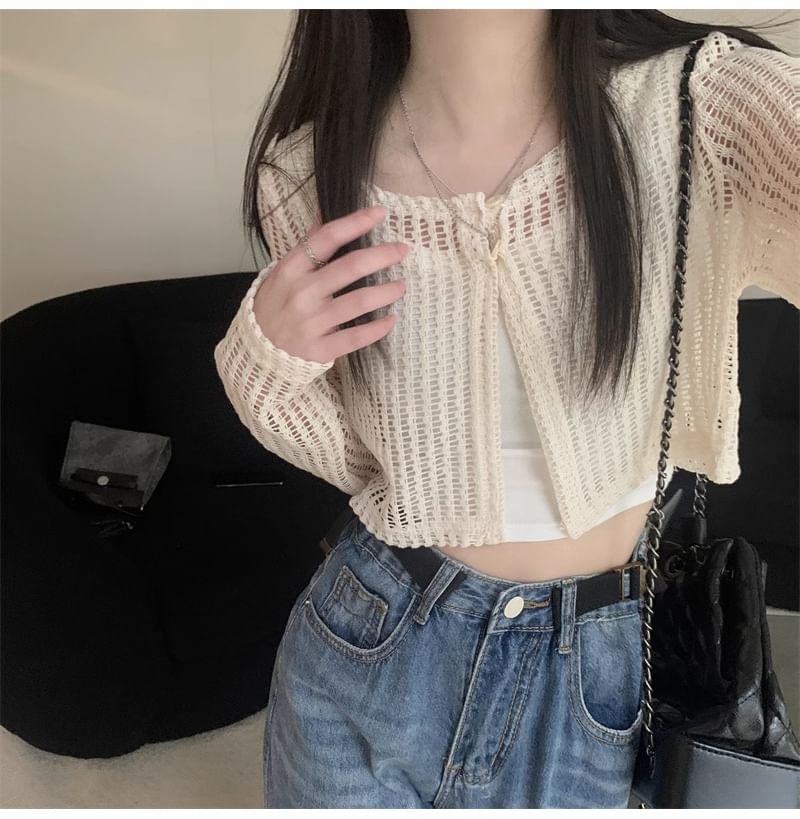 Perforated Crew Neck Button Slit Crop Cardigan