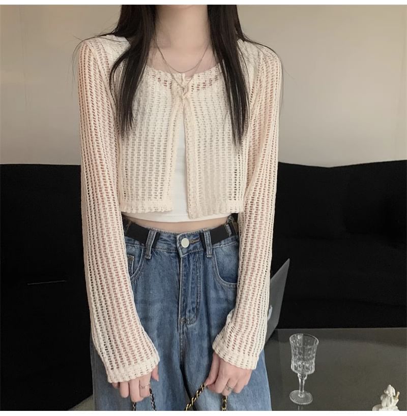 Perforated Crew Neck Button Slit Crop Cardigan
