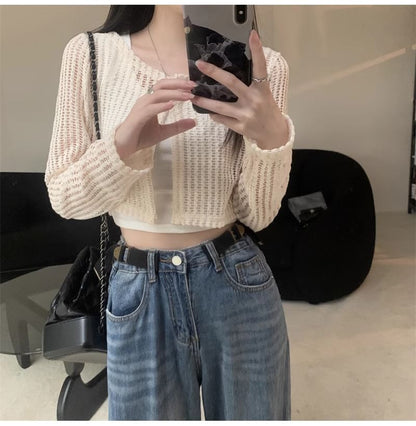 Perforated Crew Neck Button Slit Crop Cardigan