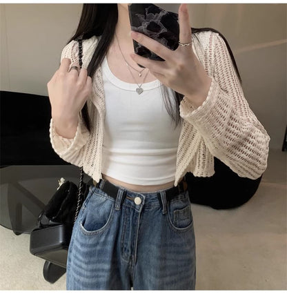 Perforated Crew Neck Button Slit Crop Cardigan