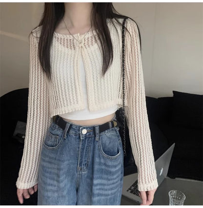 Perforated Crew Neck Button Slit Crop Cardigan