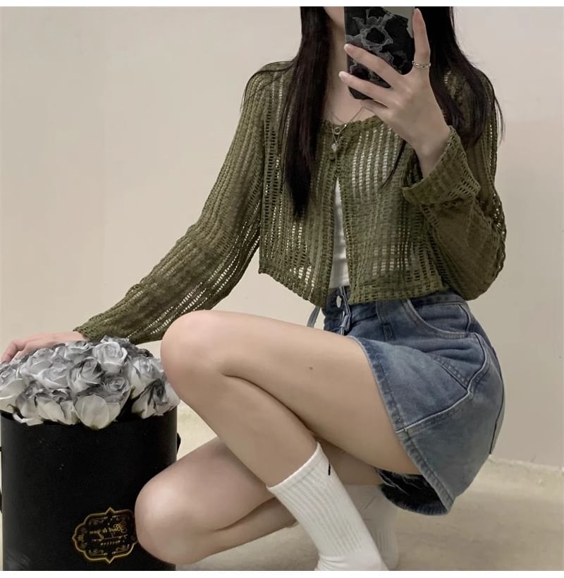 Perforated Crew Neck Button Slit Crop Cardigan