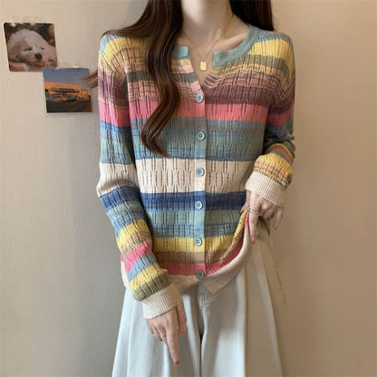 Notch Neck Color Block Button-Up Cardigan