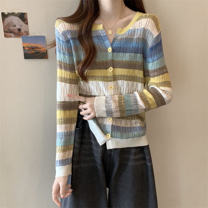 Notch Neck Color Block Button-Up Cardigan