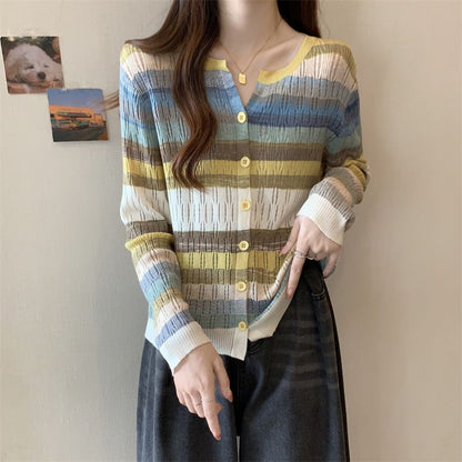 Notch Neck Color Block Button-Up Cardigan