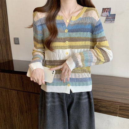 Notch Neck Color Block Button-Up Cardigan