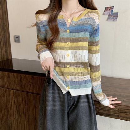 Notch Neck Color Block Button-Up Cardigan