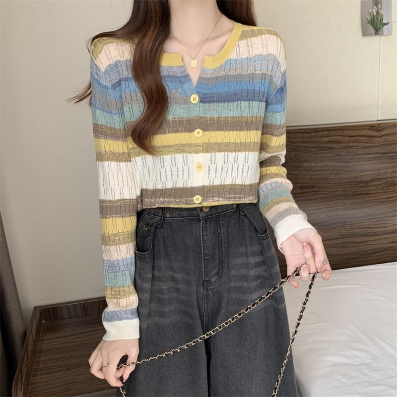 Notch Neck Color Block Button-Up Cardigan