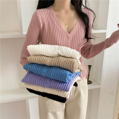 V-Neck Ribbed Button-Up Cardigan
