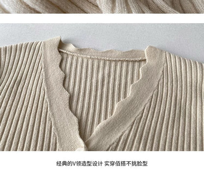 V-Neck Ribbed Button-Up Cardigan
