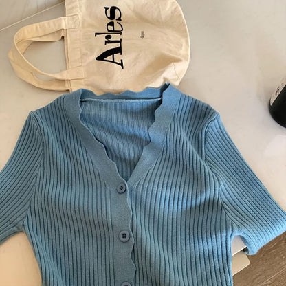 V-Neck Ribbed Button-Up Cardigan