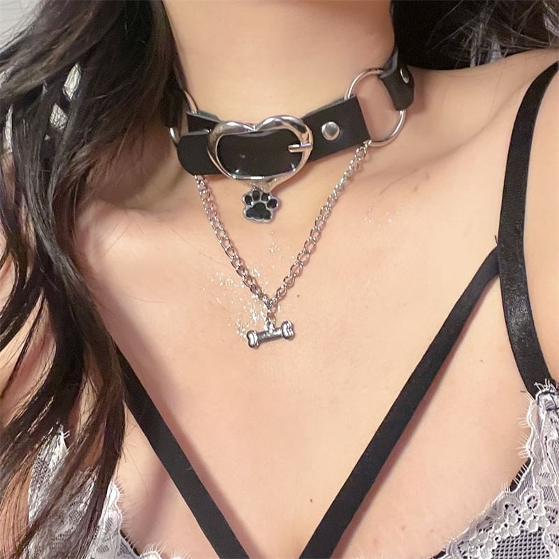 Faux Leather Paw Heart Buckle Choker