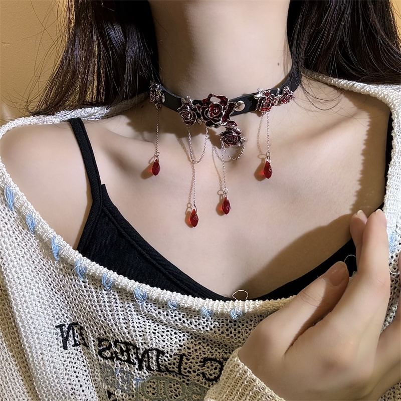 Rhinestone Faux Leather Choker