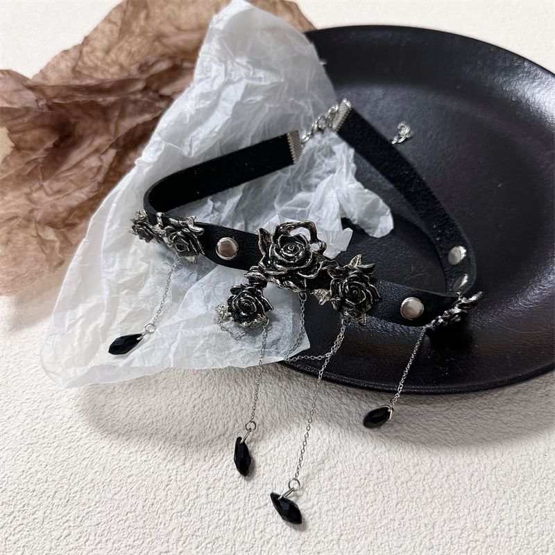 Rhinestone Faux Leather Choker