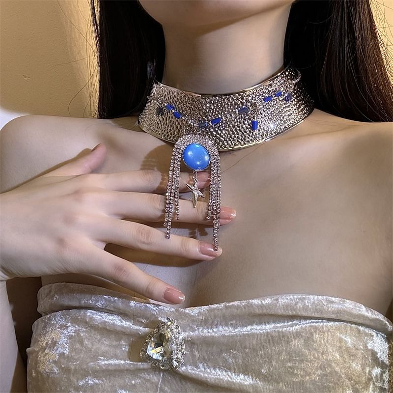 Metallic Rhinestone Lariat Choker