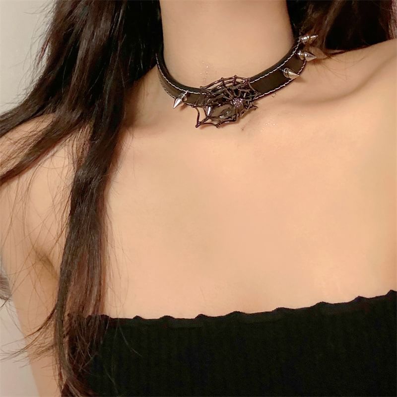 Spiderweb Spike Stud Faux Leather Choker