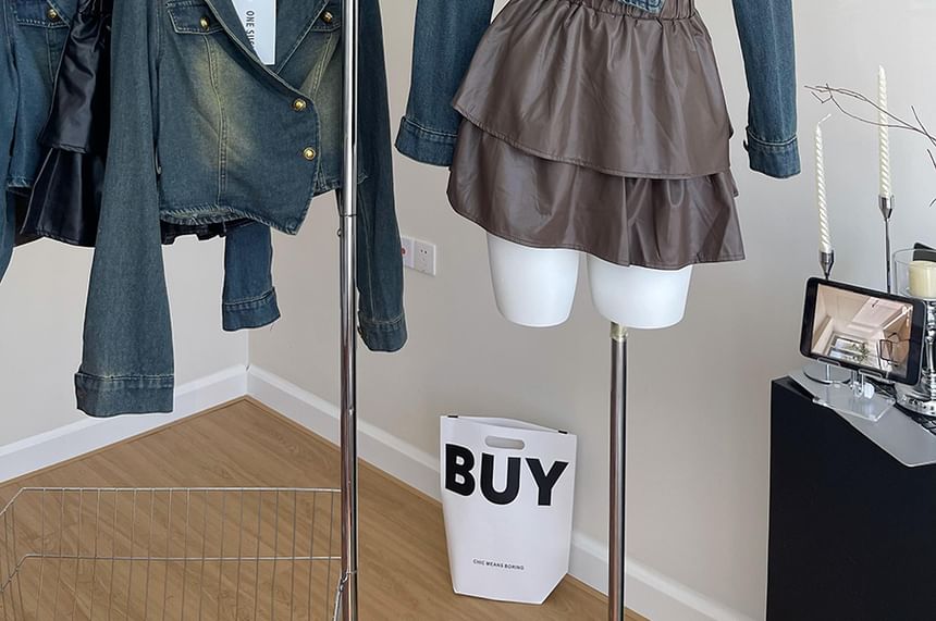 Set: Lapel Collar Denim Jacket + Faux Leather Mini Skirt + Belt